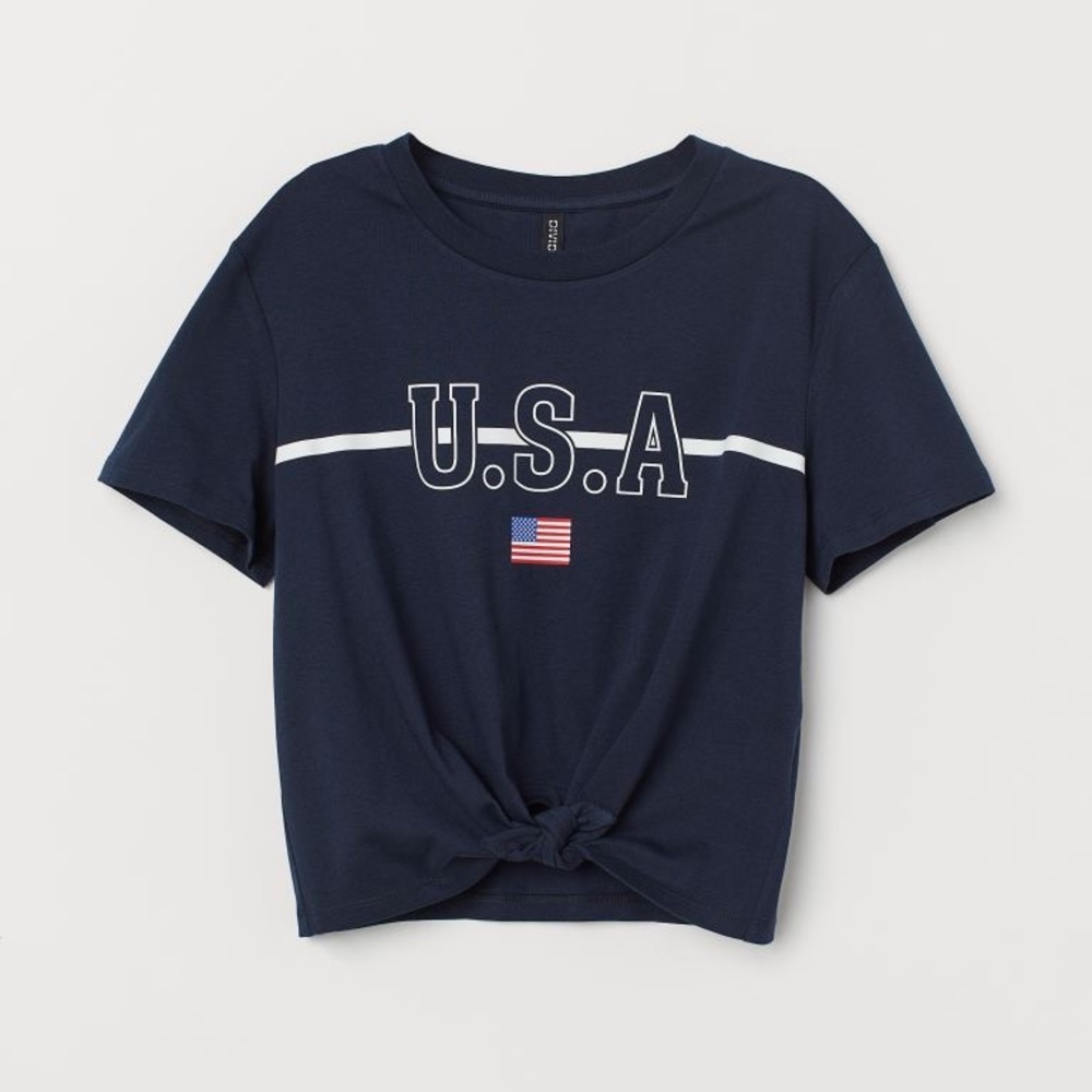 H&M Women’s Dark navy blue USA tee with tie knot on bottom size medium